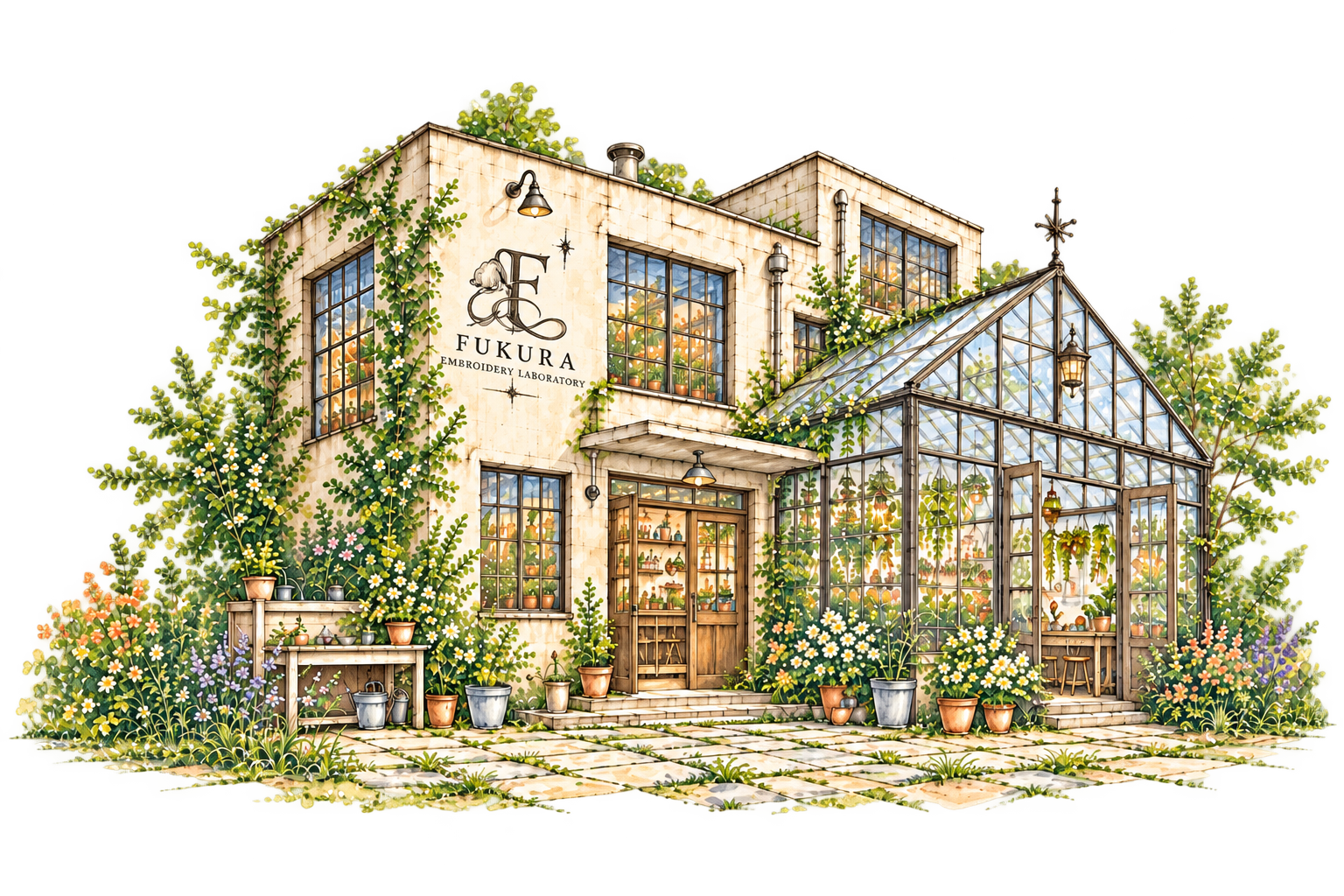 木々の先にひっそりと建つfukura刺繍研究室
